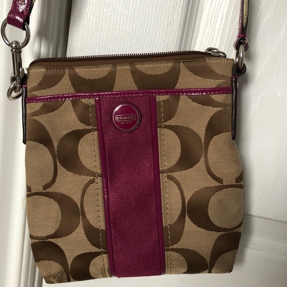 “Coach” crossbody bag (tan with magenta accents) - Picture 1 of 2